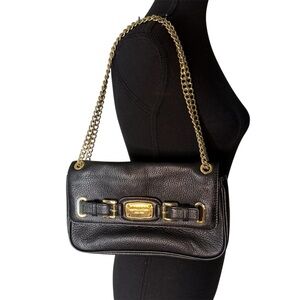 MICHAEL KORS Hamilton Black Leather Shoulder Bag Gold Toned Chain Buckle